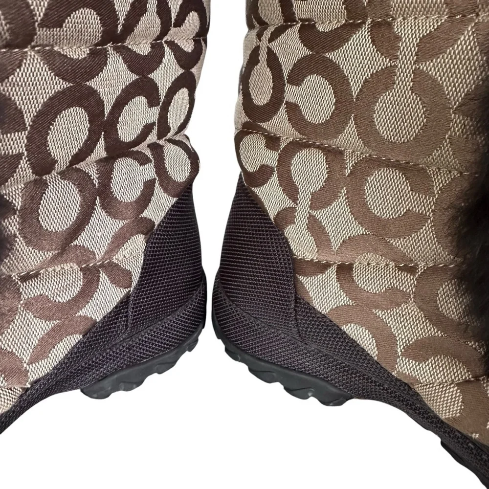 COACH Jennie Signature Quilted Monogram Print Winter Boot Rabbit Fur Trim Size 6